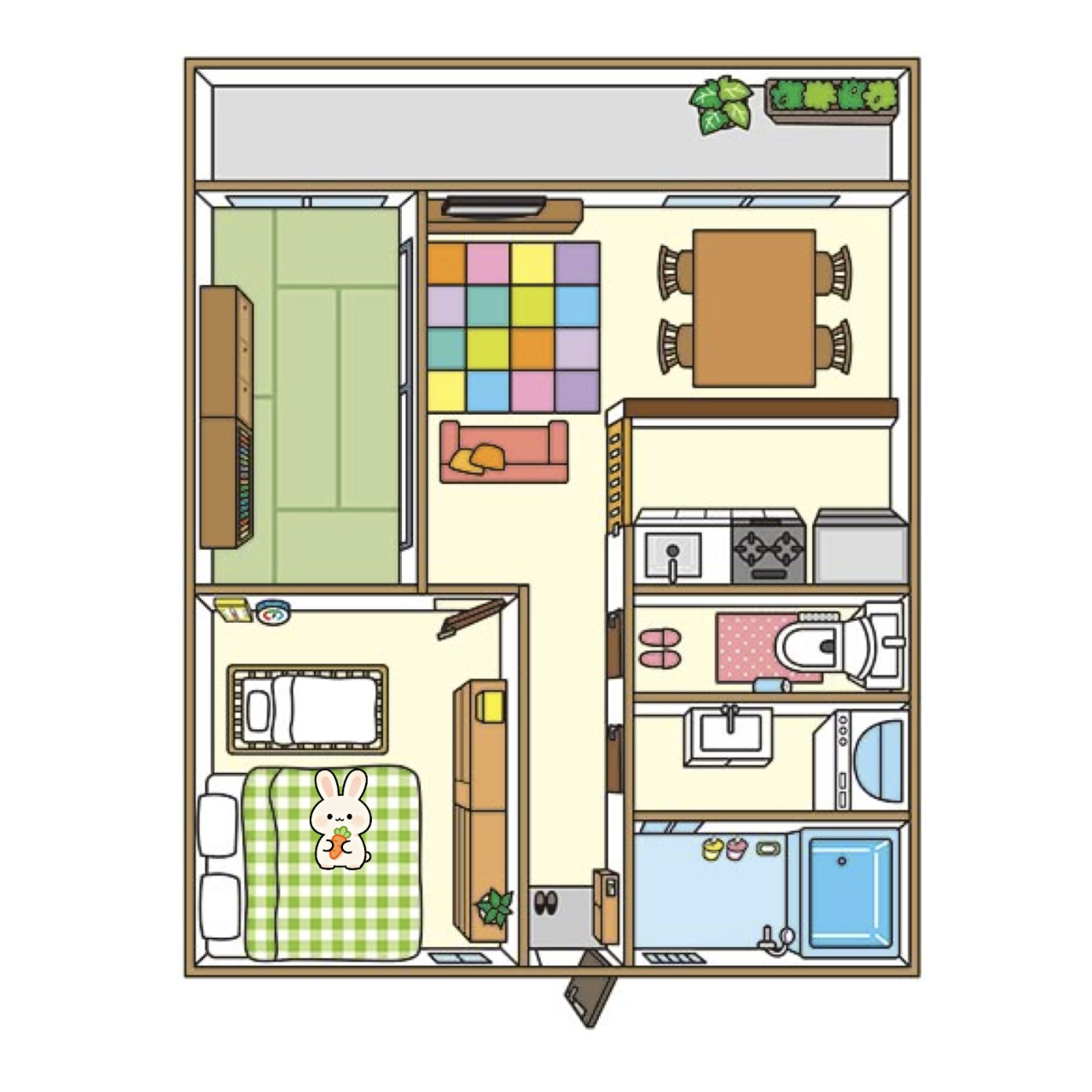 Bunny character walking around the house controlled by the Makey Makey and/or the keyboard arrows. <a href='https://youtube.com/shorts/4j2hbjZeQHg?feature=share' target='_blank'><p>Experimentation video link</p></a>