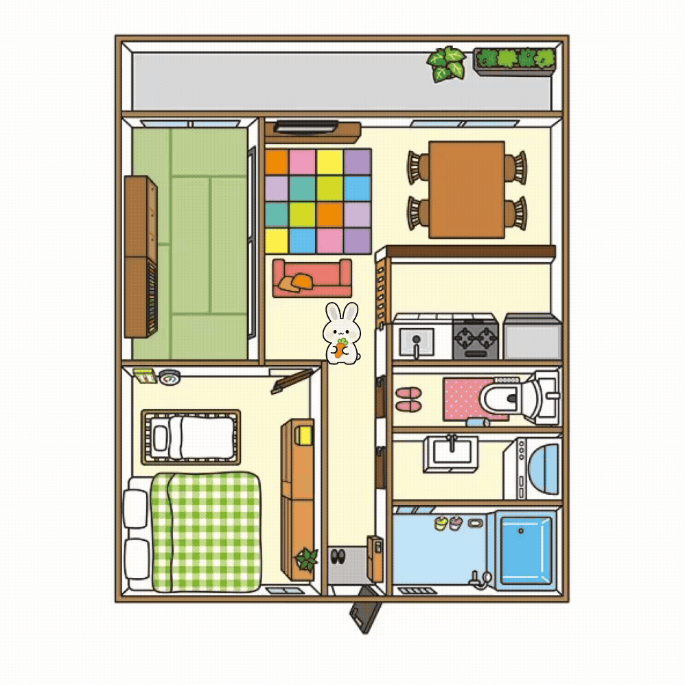 Bunny character walking around the house controlled by the Makey Makey and/or the keyboard arrows.